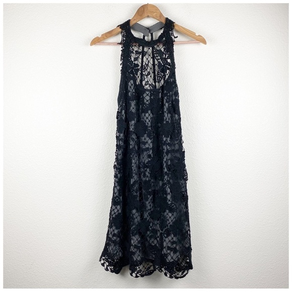 Free People Snow Drop Black Lace Halter Dress Size Large - Picture 2 of 11